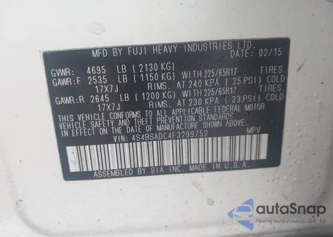 2015 Subaru Outback 2.5I Premium from USA, damaged, VIN 4S4BSADC4F3299752